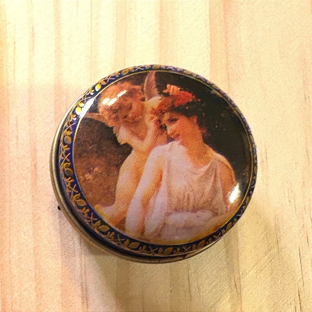 Trinket Tin Women Small Blue Good Renaissance Cherub Art Gold Tone
